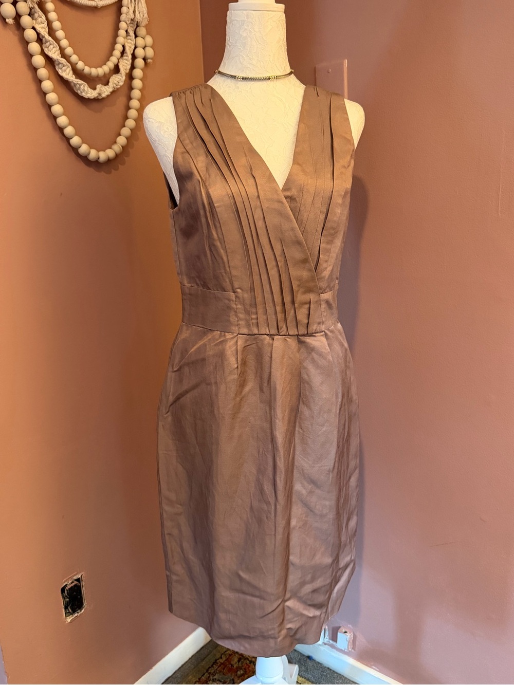 Banana Republic Taupe Sleeveless V-Neck Pleated Bodice Midi Dress